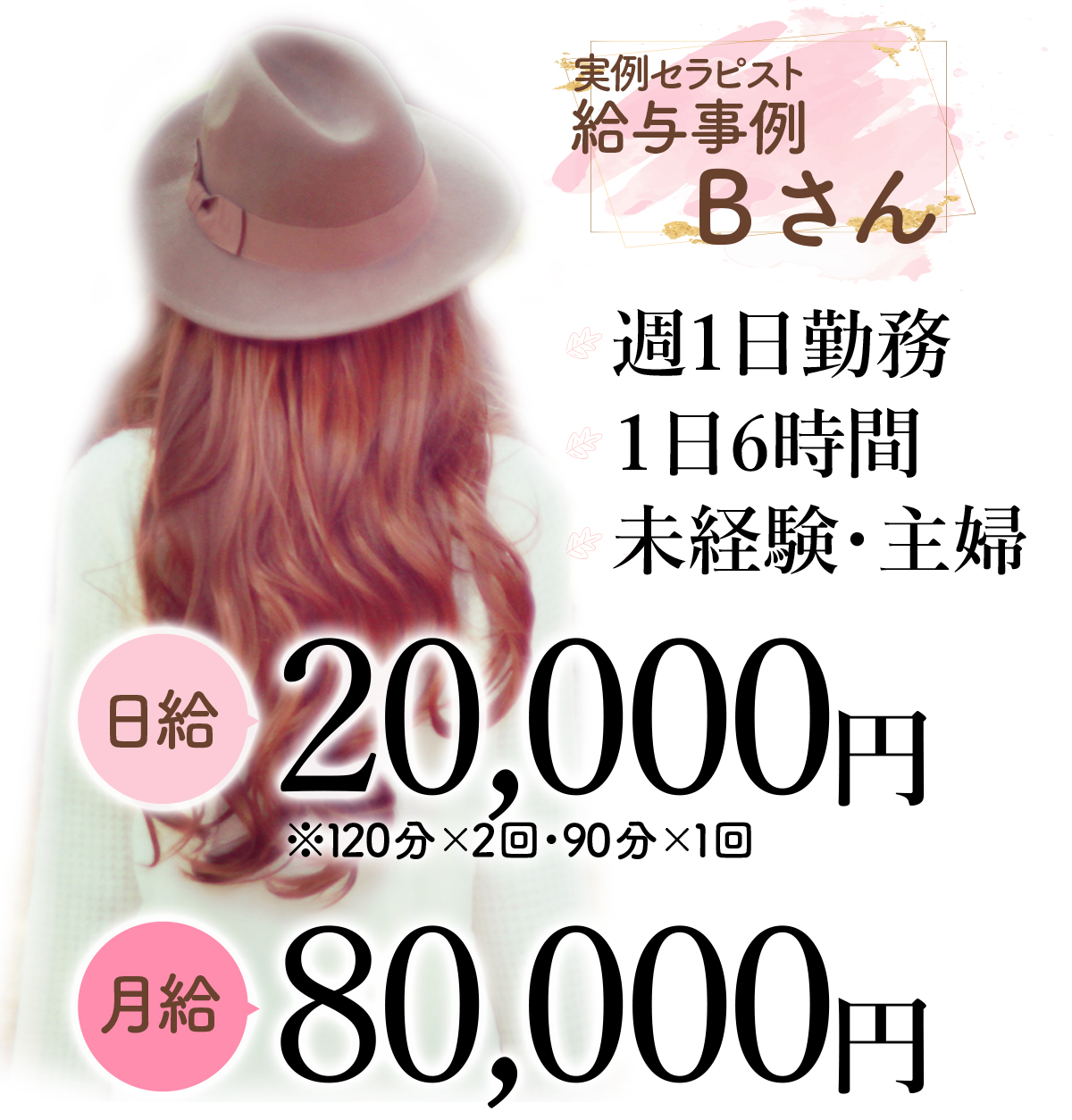 給与事例Bさん週1日勤務1日6時間未経験 日給20,000円 月給80,000円